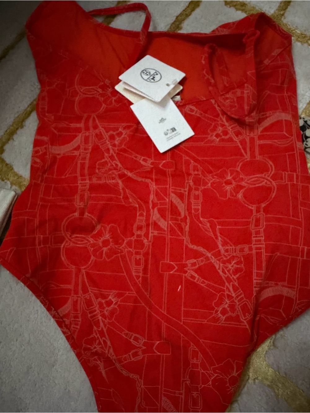 Hermes Red Patterned One-Piece Swimsuit - Picture 5 of 10